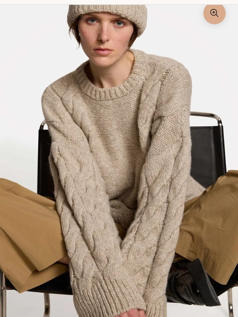 Cable Knit Crewneck Sweater - Beige